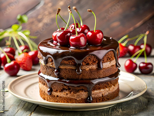 Fototapeta Tasty chocolate layer cake with ganache and cherry topping. Delicious food background