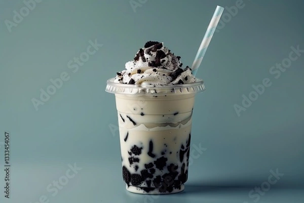 Fototapeta Oreo Milk Smoothie with Cream in Plastic Cup Healthy Drink to Refresh and Cool Down