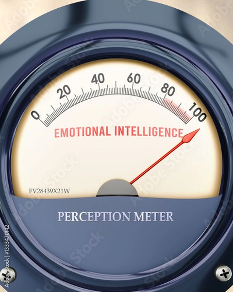 Fototapeta Emotional Intelligence and Perception Meter that is hitting a full scale, showing a very high level of emotional intelligence, overload of it, too much of it. Maximum value. ,3d illustration