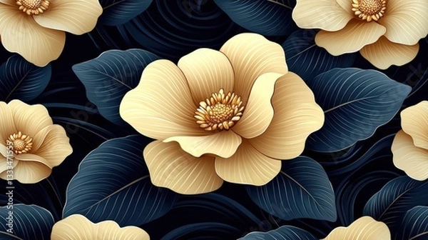 Fototapeta Elegant Floral Pattern with Cream Flowers and Dark Leafy Background for Modern Design Projects