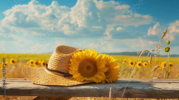 Obraz A delicate straw hat with vibrant sunflowers, resting on a wooden bench in a golden field under a bright blue sky