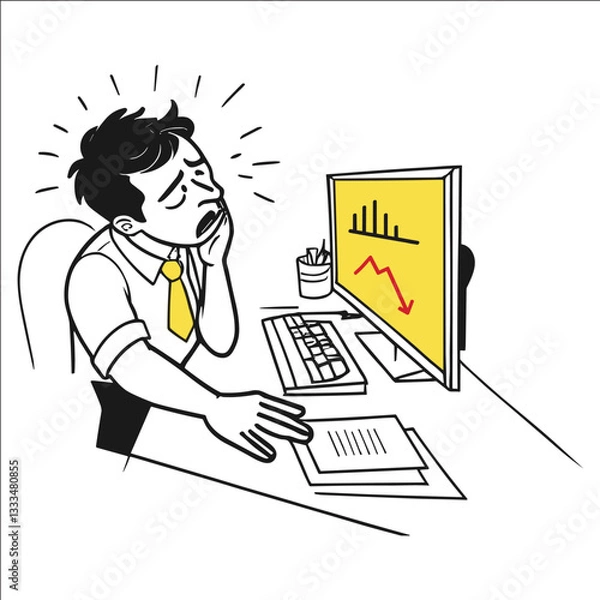 Obraz A man is sitting at a desk with a computer monitor in front of him. He is looking at the screen with a frown on his face. The monitor shows a graph with a downward trend