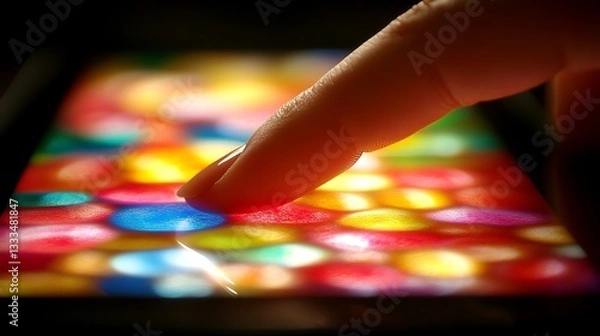 Fototapeta Finger touching colorful tablet screen, blurred background