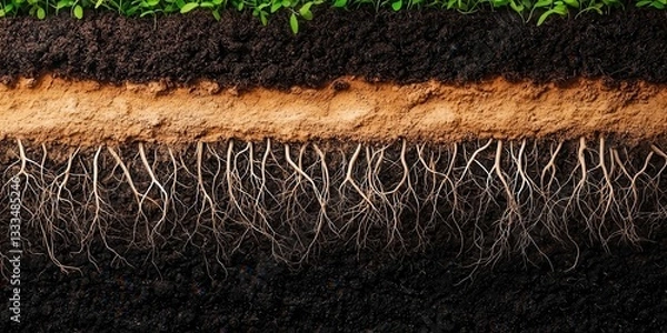 Fototapeta Soil and Earth science concept. Soil cross-section showing roots, layers, and organic material.