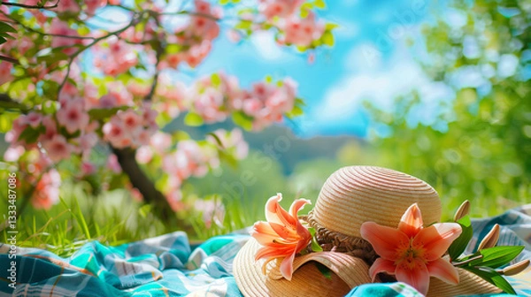 Obraz A straw hat decorated with bright lilies, resting on a picnic blanket in a lush park with blooming trees and a clear blue sky