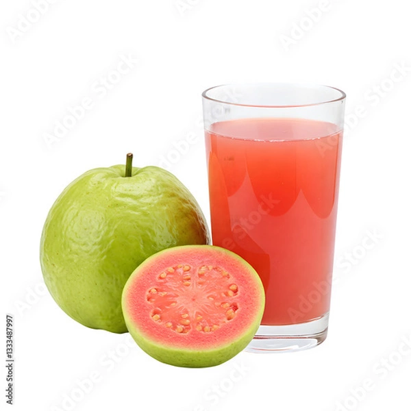 Fototapeta glass of fresh guava smoothie, a whole guava fruit with a green leaf is featured, all against a crisp white background.