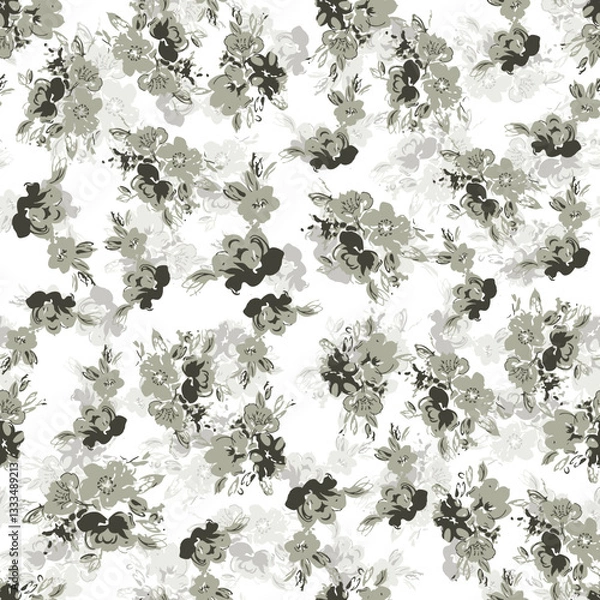 Fototapeta Elegant Monochrome Floral Pattern, Vintage-Inspired Muted Gray Blossoms with Artistic Brush Strokes.