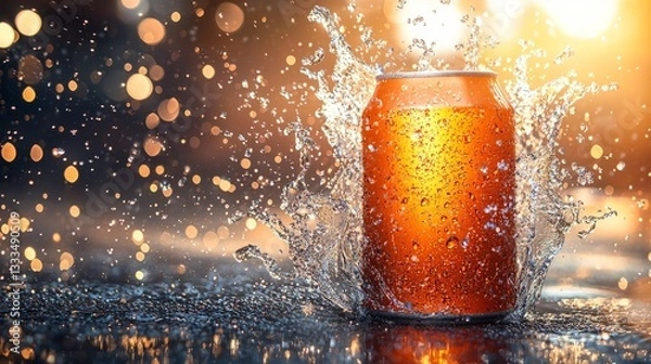 Fototapeta Refreshing Orange Beverage Can with Splashing Water at Sunset
