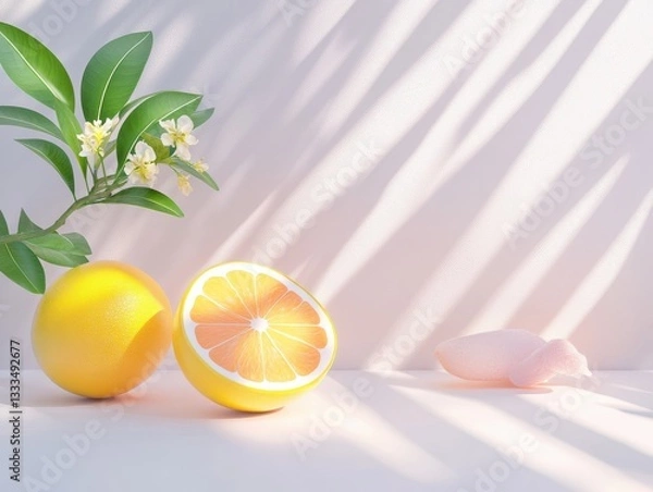 Fototapeta Sliced lemon on a soft background with leaves
