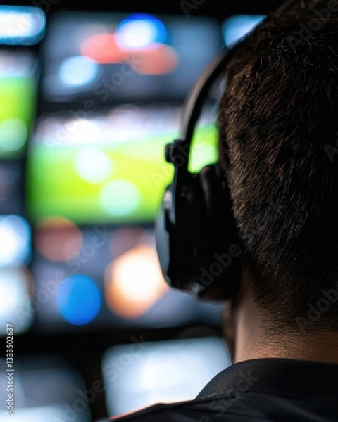 Fototapeta Man in Headphones Overlooks Multiple Screens in a Modern Broadcast Control Room