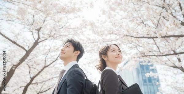 Obraz 春、希望を胸に空を見つめる新社会人と満開の桜