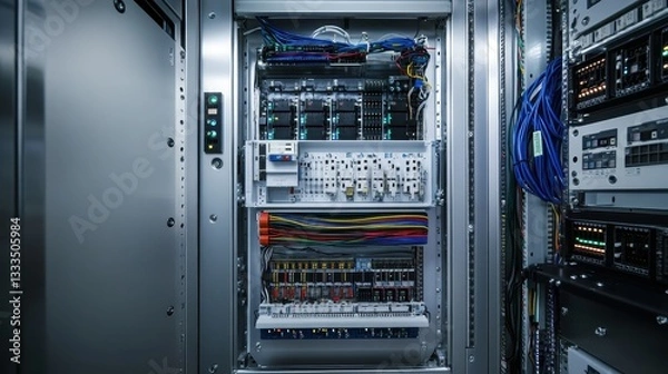 Obraz Inside view of control cabinet wiring and switches, showcasing intricate details, color-coded cables, and metallic surfaces with soft lighting.