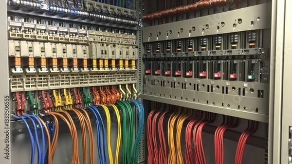 Obraz Detailed look at wiring in control cabinet, with color-coded cables and circuit breakers in an orderly layout with metallic reflections.