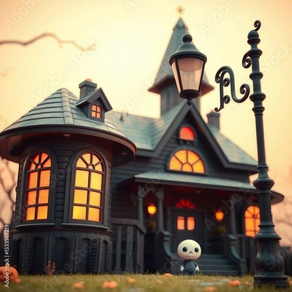 Obraz A dark, atmospheric house illuminated by vintage street lamps, creating a perfect Halloween setting.