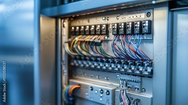 Obraz Close-up of wiring and switches inside control cabinet, featuring organized cable layout and metallic finishes in soft lighting.