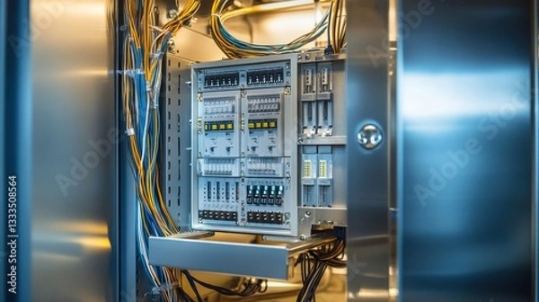 Obraz Close-up of wiring and switches inside control cabinet, featuring organized cable layout and metallic finishes in soft lighting.