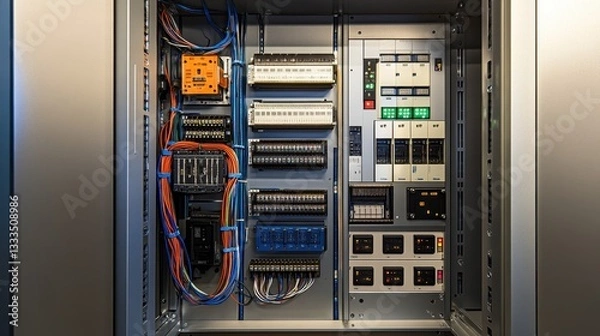Obraz Detailed view of a control cabinet interior, highlighting relays, circuit breakers, and organized wires, all with a metallic sheen.