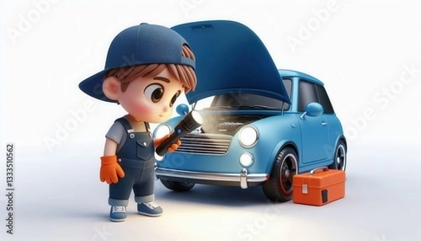 Fototapeta Young mechanic fixing a blue car garage workshop digital art bright and playful environment