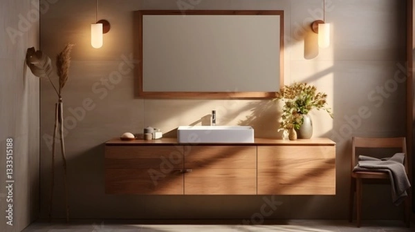 Fototapeta Cozy and inviting bathroom interior with warm wooden textures sleek modern fixtures and an elegant floating vanity creating a serene and peaceful ambiance