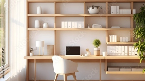Fototapeta Peaceful and Productive Home Office with a Scandinavian Inspired Design Featuring a White Desk Soft Lighting and Warm Wooden Elements for a Comfortable and Efficient Workspace