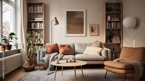 Fototapeta Cozy and Welcoming Nordic Style Apartment Featuring Earth Toned Furniture Soft Textiles and a Harmonious Tranquil Ambiance