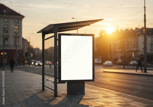 Fototapeta Blank advertisement billboard at a bus stop during sunset, with urban environment and golden sunlight reflections.