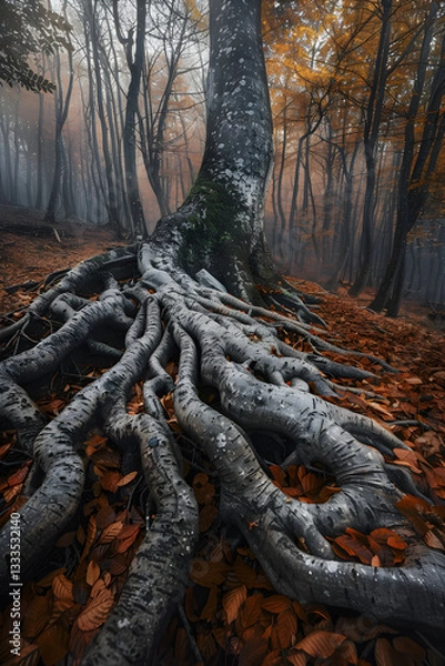 Fototapeta Uprooted Ancient Tree: A Testament to Nature's Resilience and Impermanence in the Forest
