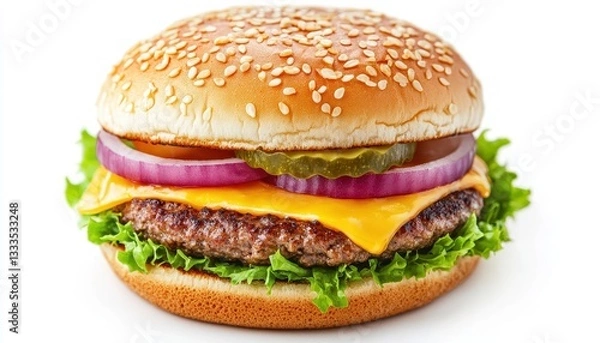 Fototapeta Juicy Cheeseburger with Melted Cheddar, Lettuce, Onion and Pickles on Sesame Seed Bun