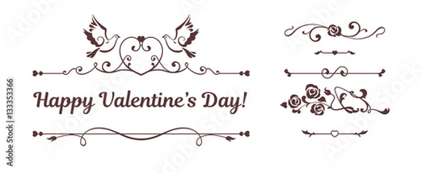 Obraz Vintage dividers, border with roses, flowers, love symbols. Text Happy Valentines Day. Vector card. Invitation to the celebration