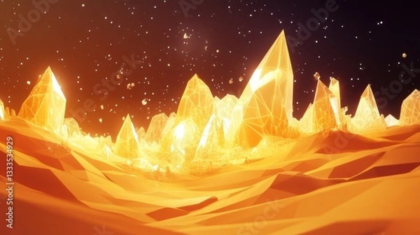 Obraz Glowing Crystal Mountainscape Low Poly Sci-Fi Desert