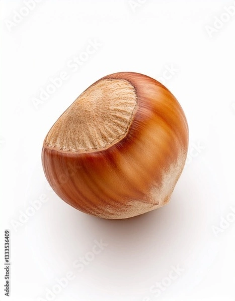 Fototapeta Close-up of a single hazelnut, showcasing its rich brown hues and unique texture against a clean white backdrop.