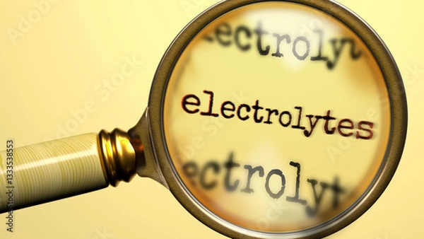 Fototapeta Electrolytes under magnifying glass. Thorough analysis and inspection of electrolytes. Taking a closer look at electrolytes. Examination of the concept of electrolytes ,3d illustration