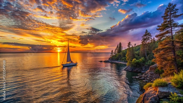 Obraz Beautiful evening sunset with clouds over the Lake Superior with a sail boat.