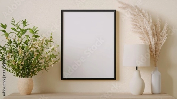 Obraz Black Poster Frame Display, modern bureau featuring a sleek table lamp, minimalist backdrop with ample negative space, clean and inviting interior design setting.