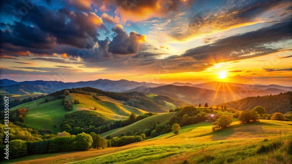 Obraz Beautiful landscape sunset with the hills in the evening.