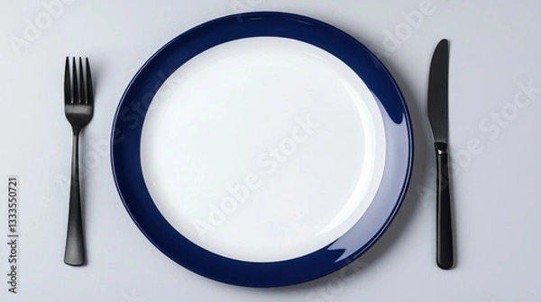 Fototapeta Minimalist Table Setting with Blue Trim and Black Cutlery