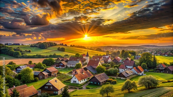 Obraz Beautiful sunset over the village background.