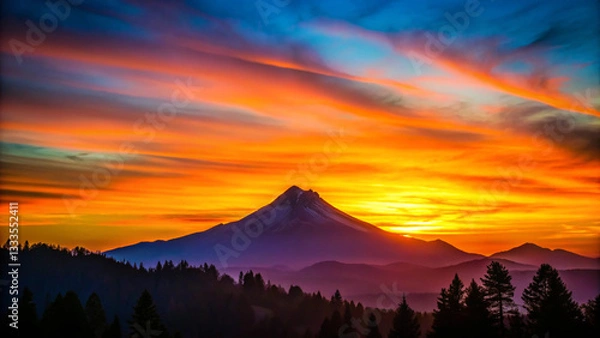 Obraz Cool sunset over the dark mountain silhouette, landscape with forest background.