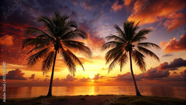 Obraz Dark two palm tree landscape, sunset over the cool ocean background.