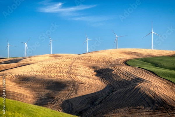 Fototapeta A field of wind turbines stands tall against rolling hills, symbolizing renewable energy and sustainable living while showcasing the blend of nature and technology.
