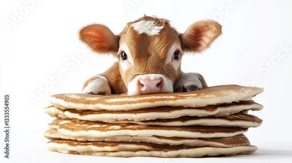 Fototapeta Calf with Pancakes: Capturing the endearing image of a calf resting atop a stack of fluffy pancakes, blending the unexpected charm of wildlife and culinary delights.