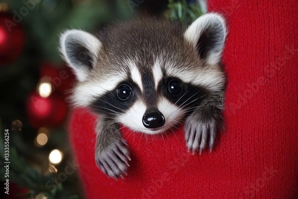 Fototapeta Raccoon in Festive Holiday Ambiance: A charming raccoon cub peeks playfully from a vibrant red stocking, set against a background adorned with shimmering Christmas decorations.