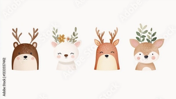 Obraz Charming Watercolor Forest Animal Collection, delightful hand-drawn illustrations of cute woodland creatures, featuring a clean white backdrop and minimalist design elements.