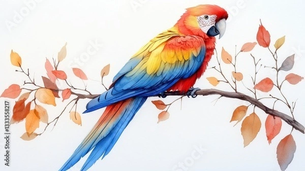 Fototapeta Colorful Hand-Drawn Watercolor Macaw on a Branch with Autumn Leaves