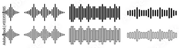 Fototapeta Podcast sound waves and audio soundwave of voice message records, vector icons. Podcast sound waves for online audio streaming and podcasting or music player and mobile phone voice message soundwaves