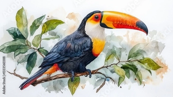 Fototapeta Watercolor Hand-Drawn Portrait of an Adult Toucan Perched on a Branch Surrounded by Leaves