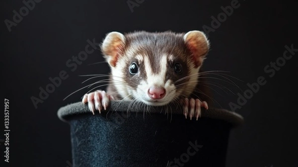 Obraz Curious Ferret in a Hat: A charming ferret peers out from a classic black top hat against a stark backdrop, its expressive eyes captivating the viewer.