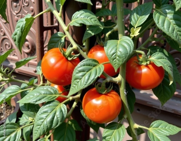 Fototapeta Red ripe tomatoes growing on a vine in a warm garden setting during summer