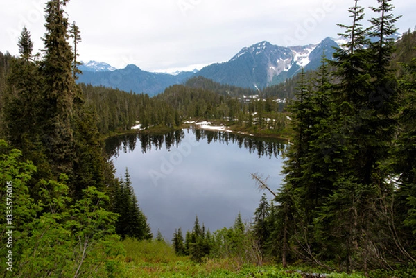 Fototapeta A serene mountain lake surrounded by lush green trees, reflecting the mountains above, presenting an idyllic destination for relaxation and reconnecting with nature.
