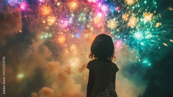 Fototapeta A little girl stands with her back to the viewer, gazing up at a dazzling fireworks display on New Year's Eve.